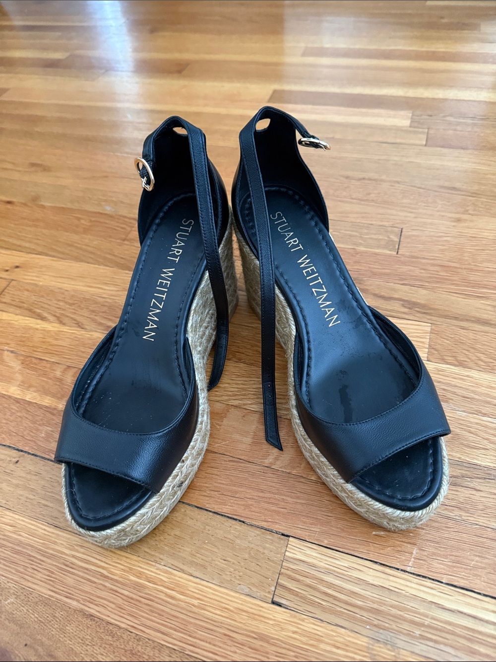 Stuart Weitzman Black Leather Espadrille Wedge Sandals with Ankle Strap